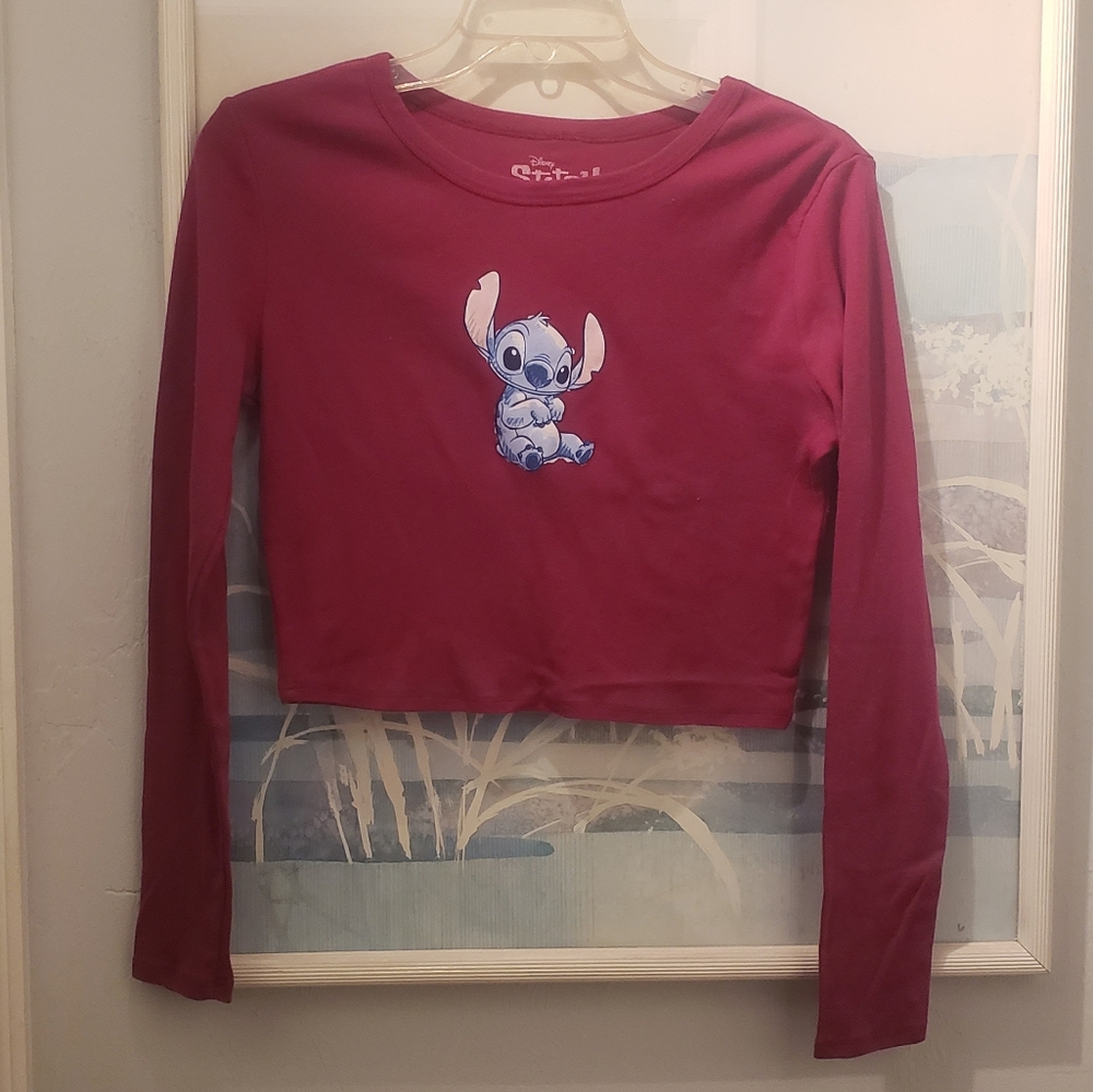 Disney Stitch Crop Top Size L Junior Long Sleeve Pink/Maroon